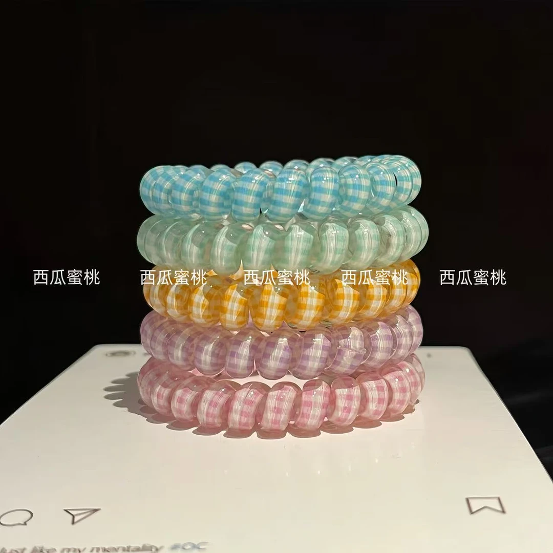 新款小清新格纹印花电话线发圈高弹力百搭日常皮筋简约无痕发饰