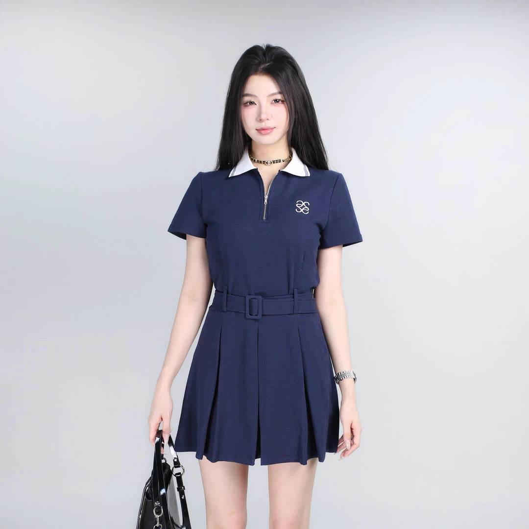 【夏装上新】夏季学院风拉链翻领撞色拼接微收腰高腰显瘦女连衣裙