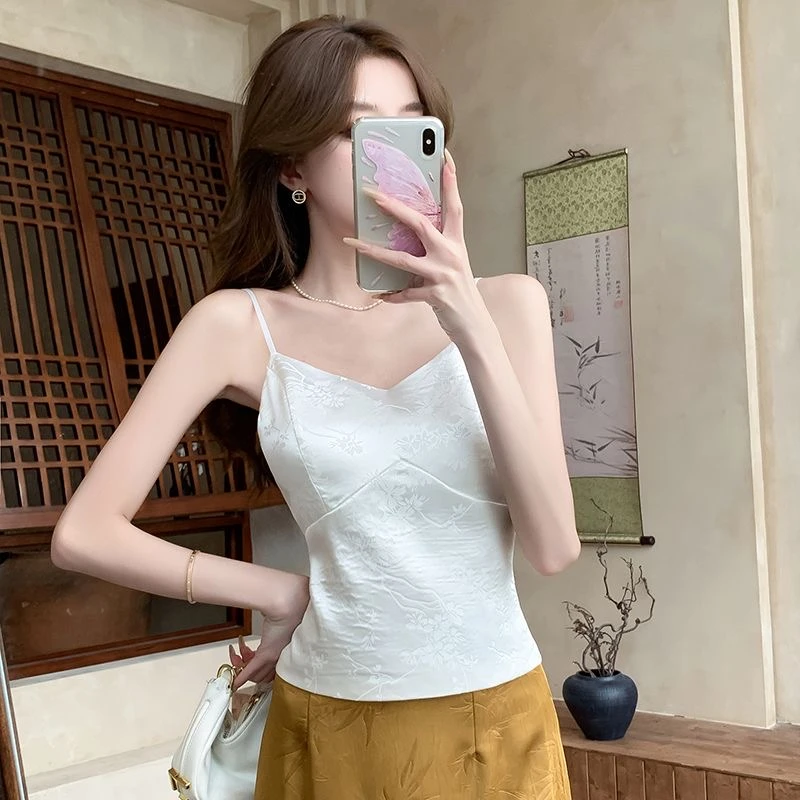 法式提花缎面吊带背心新中式上衣背带胸垫短款打底抹胸美上衣小众