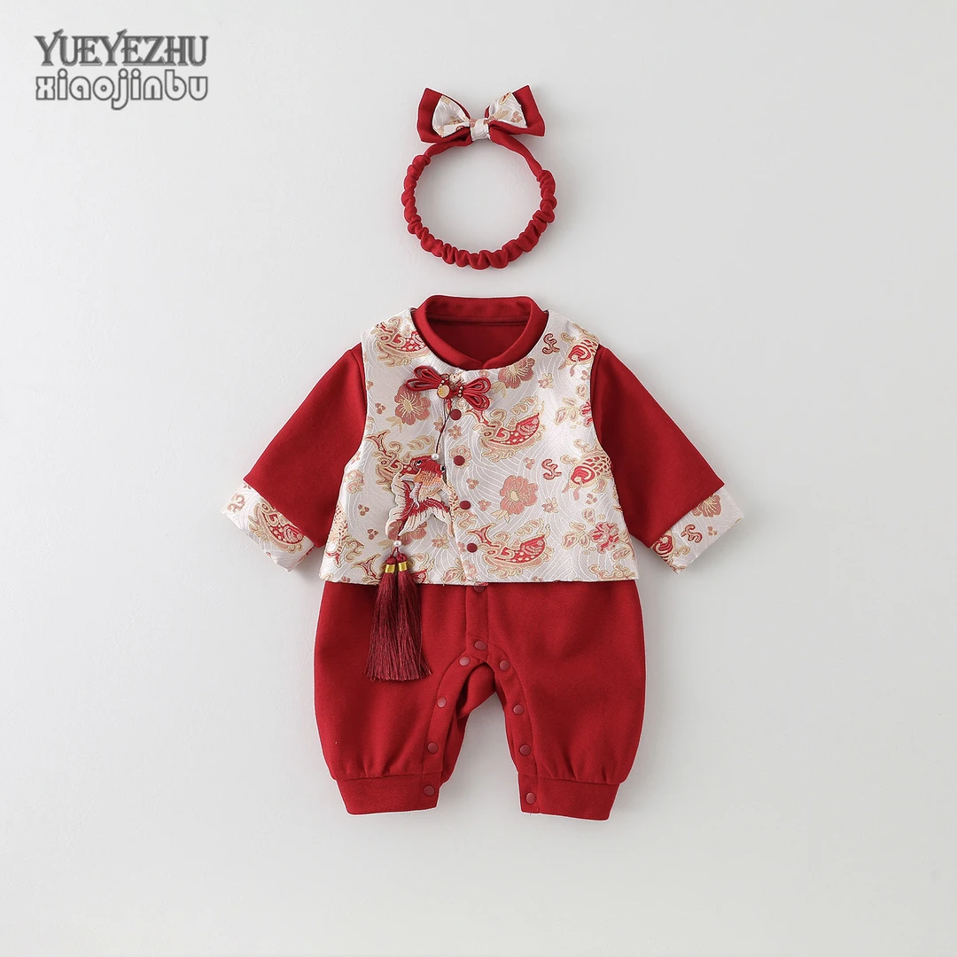 百天婴儿衣服秋装红色中国风女宝宝连体衣春秋喜庆满月服哈衣爬服