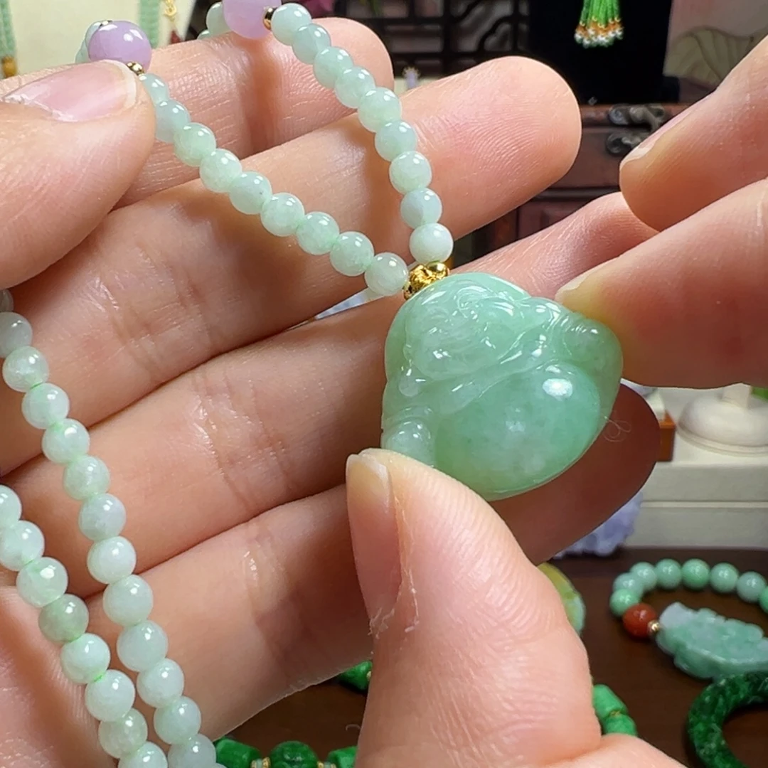 翡翠未镶嵌毛衣链冰绿佛公