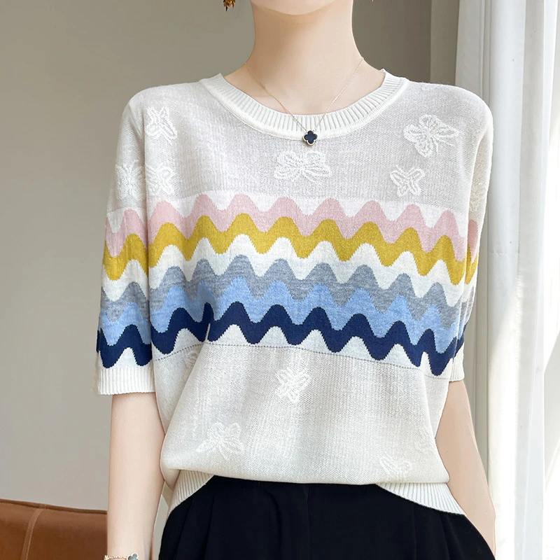 哥弟阿玛施正品夏季棉+桑蚕丝针织衫短袖t恤女宽松显瘦气质上衣女