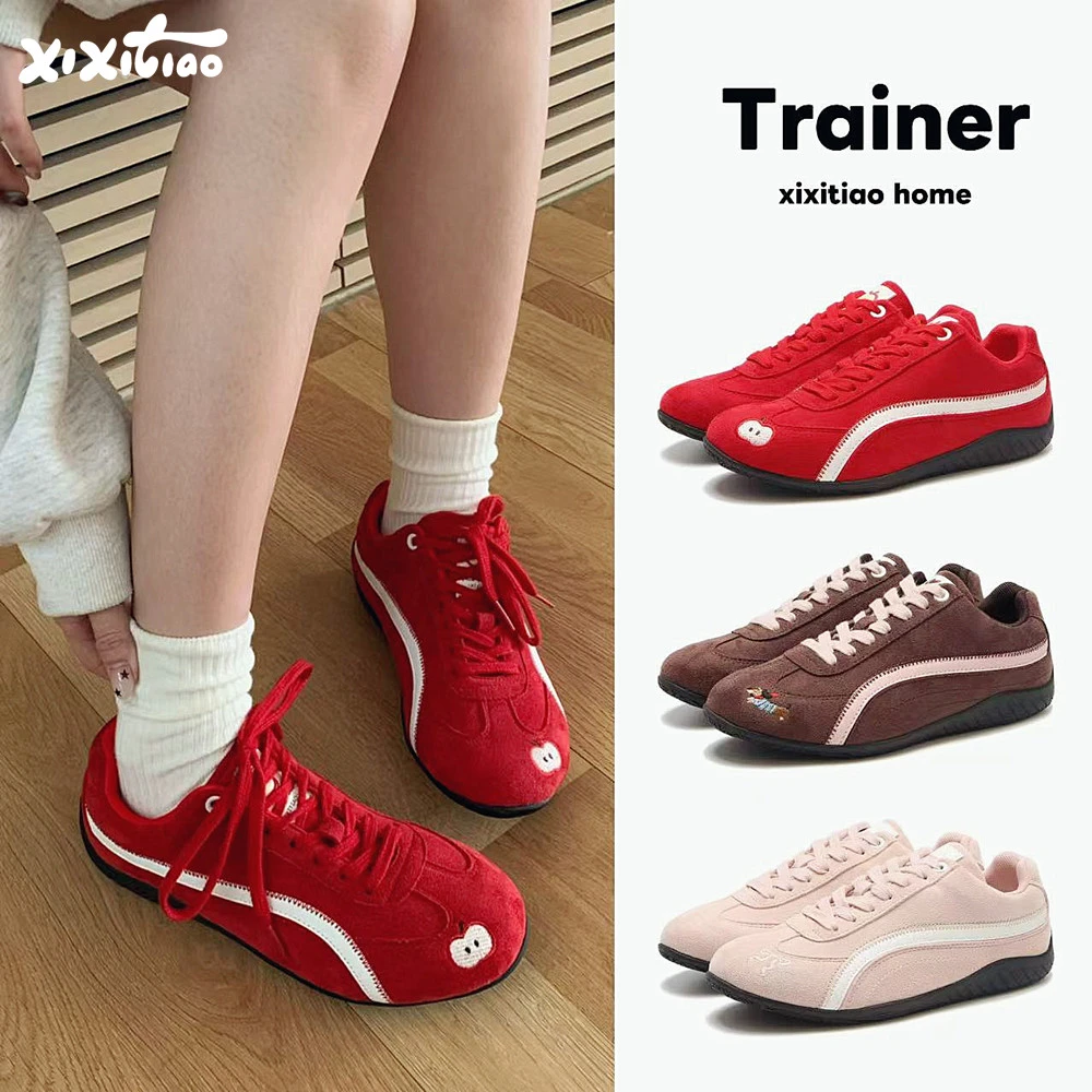 细细条 牛津布可爱刺绣德训鞋ins休闲运动板鞋秋冬季复古阿甘女鞋