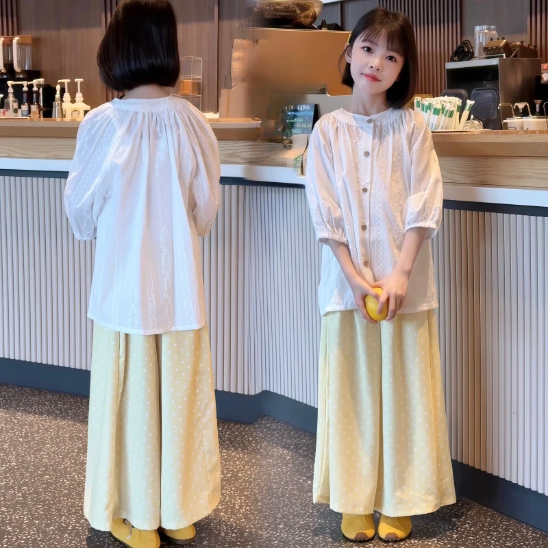 女童休闲洋气套装2025夏季新款中大童日常时尚上衣波点裙裤两件套