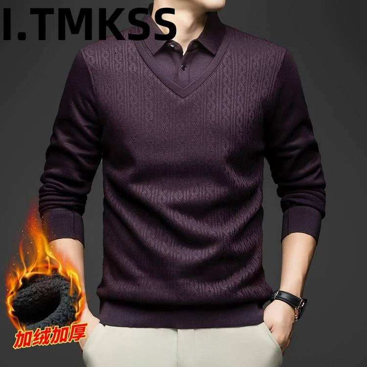秋冬新款中年男士假两件加绒加厚针织衫保暖毛衣男羊毛衫内搭上衣