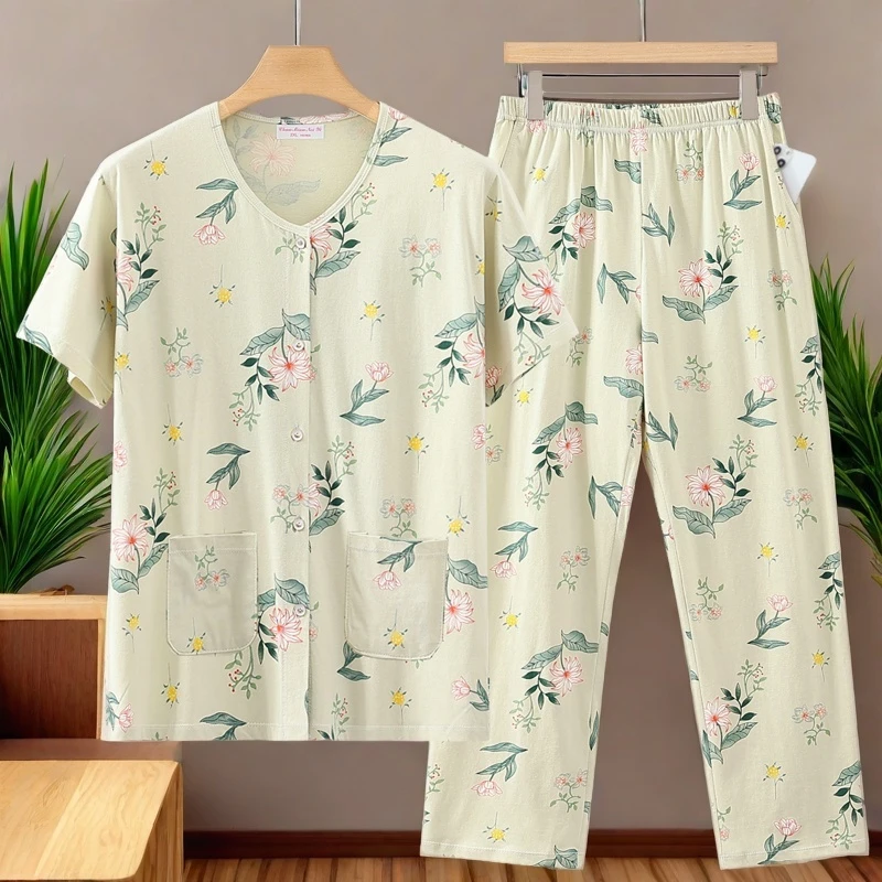 女士纯棉开衫睡衣套装妈妈居家短袖汗衫中老年全棉半袖长裤家居服