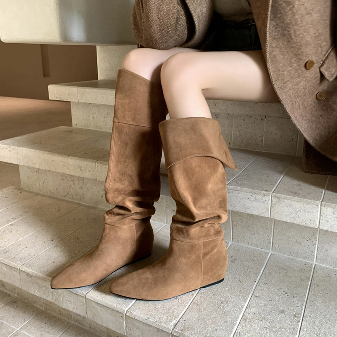 极简尖头内增高堆堆靴不过膝长靴2025秋冬新款复古高筒西部牛仔靴