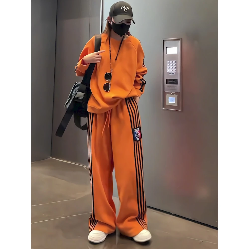 休闲宽松阔腿长裤一整套春秋新款圆领橙色套头慵懒风卫衣两件套女