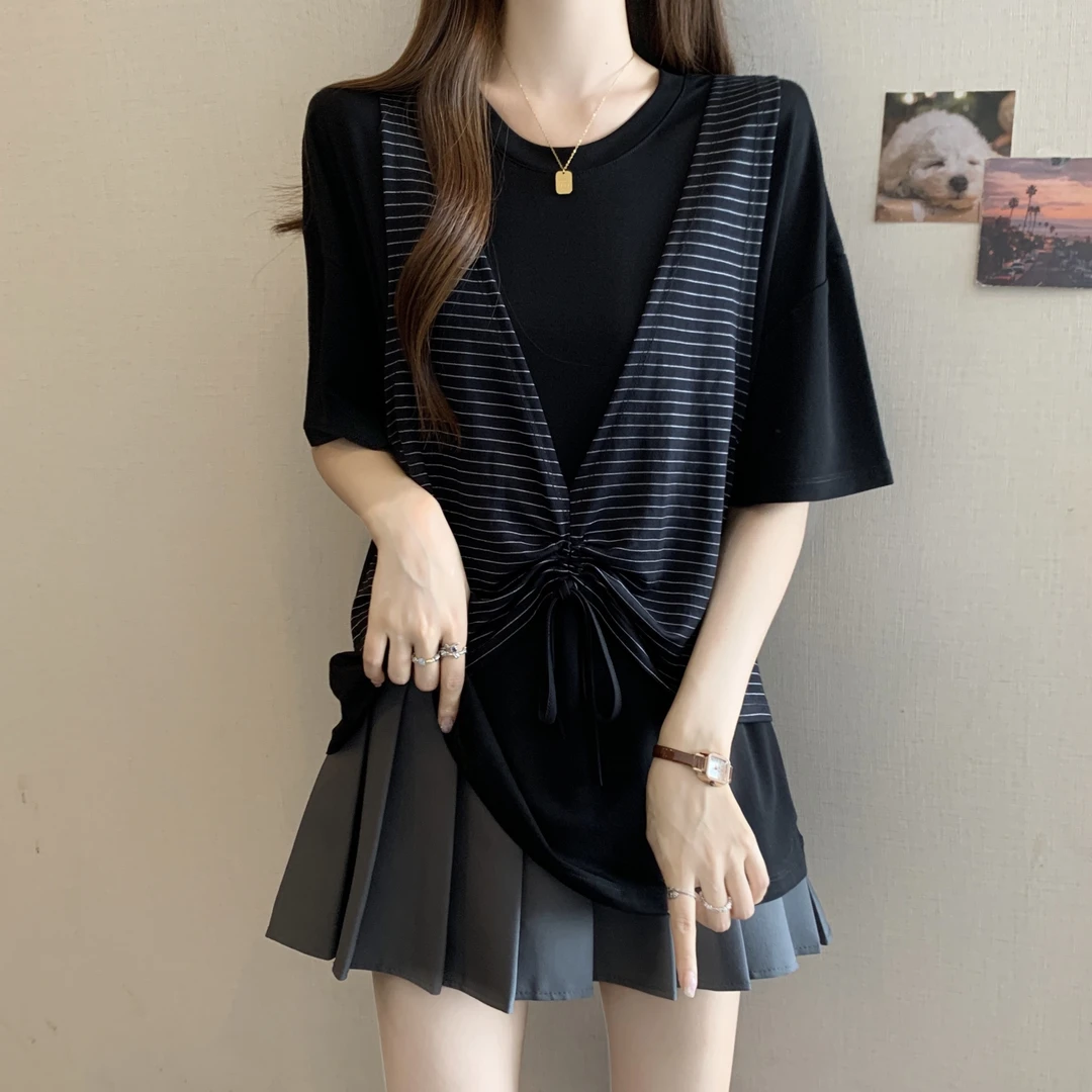 大码女装遮肚子假两件拼接抽绳短袖t恤女夏季胖妹妹显瘦洋气上衣