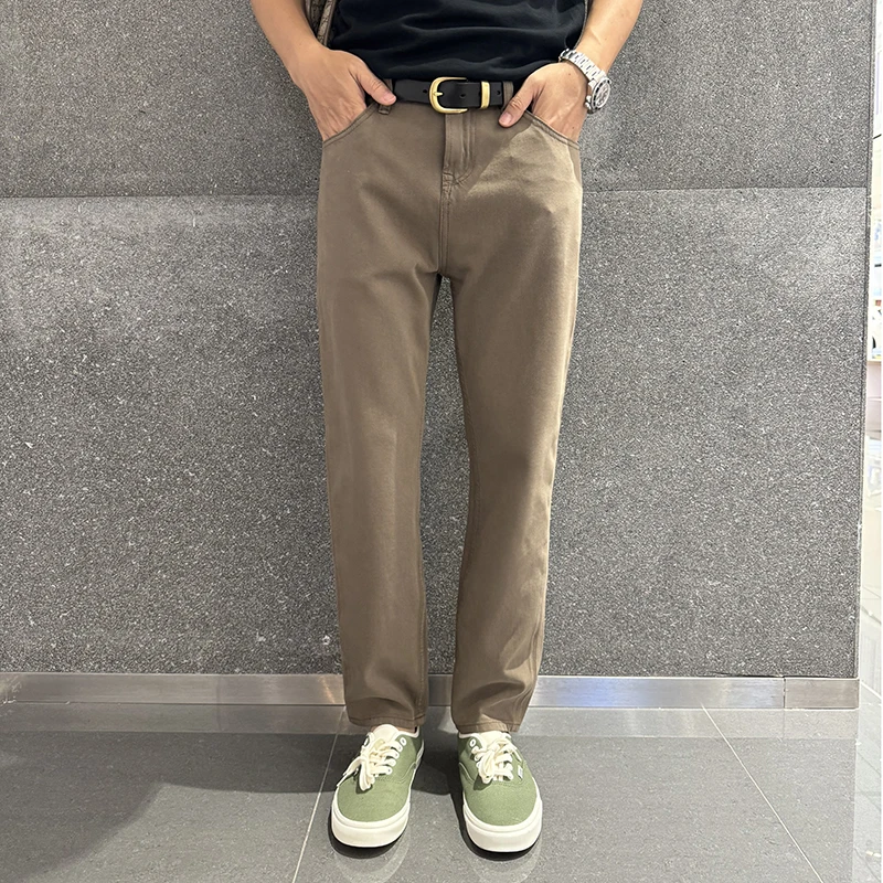 夏季薄款牛仔裤男士九分裤深卡其色360度弹性柔软舒适9分休闲裤潮