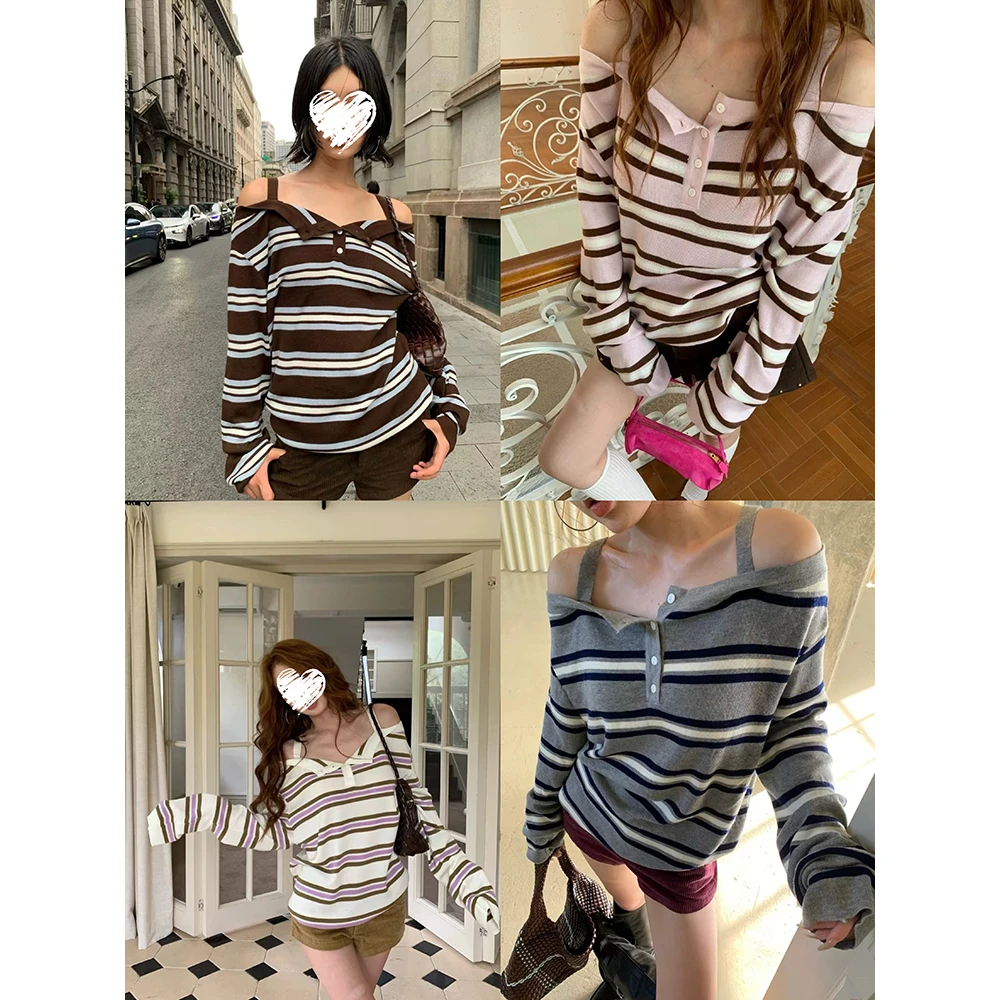 秋季辣妹拼色条纹针织衫吊带露肩一字领假两件上衣 60638