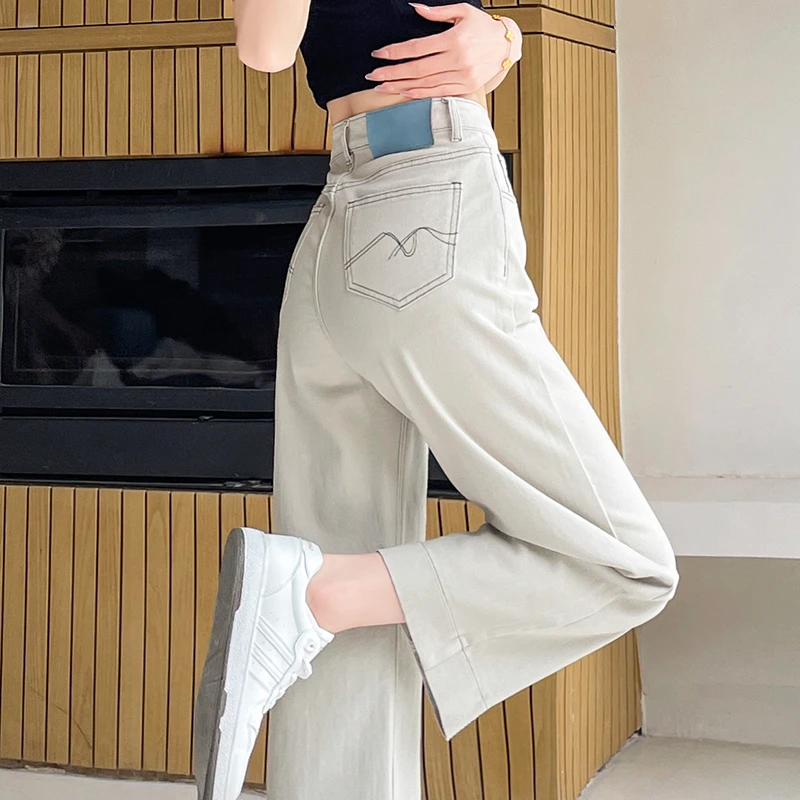 蜜蜜穿搭灰色阔腿牛仔裤女2025秋季新款小个子九分宽松弹力直筒裤