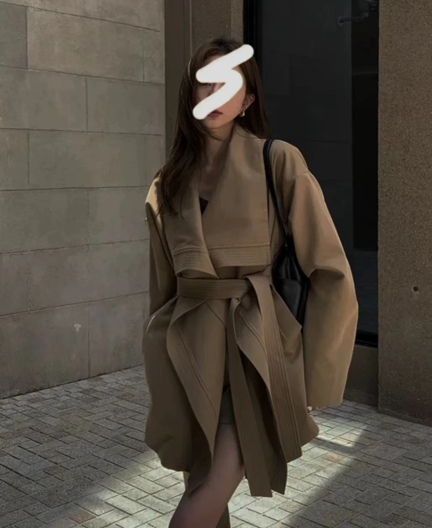 公主 秋季气质大翻领风衣系带收腰中长款外套短款6616长款6650