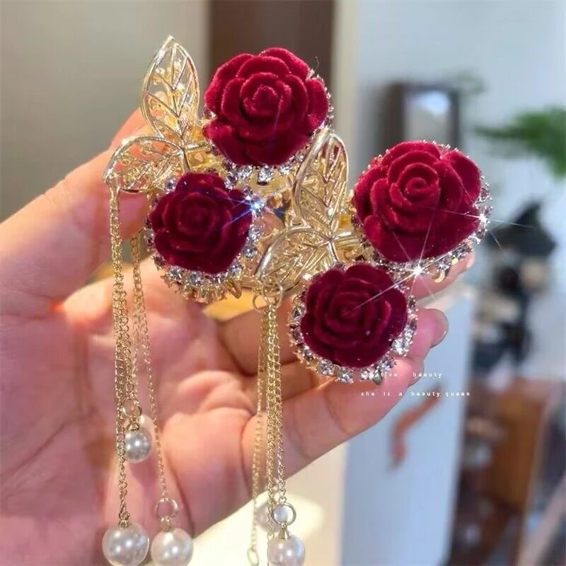 【新疆包邮】红色浪漫植绒玫瑰后脑勺半抓夹流苏头饰发夹