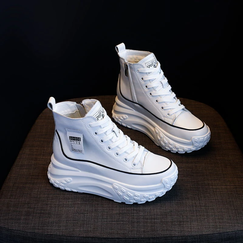 厚底小白鞋女2024秋冬新款高帮松糕休闲内增高板鞋百搭牛皮短靴子