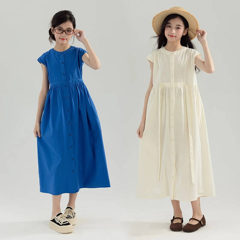 女童连衣裙洋气衬裙2025夏装新款中大童亲子装单排扣长款气质裙子