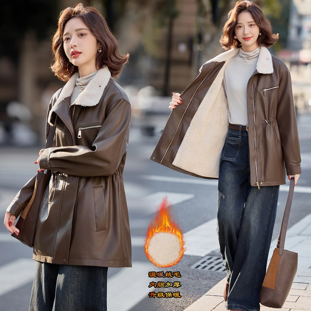 加绒加厚翻领皮衣派克服女2025冬季新款高级感收腰显瘦中长款外套