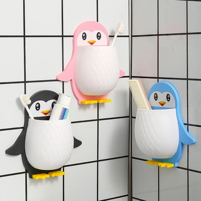 创意卡通企鹅置物架化妆工具整理盒宿舍化妆室牙刷床头手机壁挂收