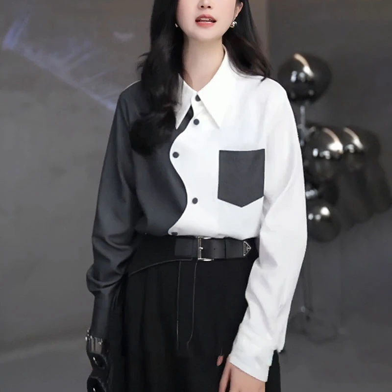 法式撞色衬衫女士秋季2025设计感时尚显瘦减龄洋气不规则叠穿上衣