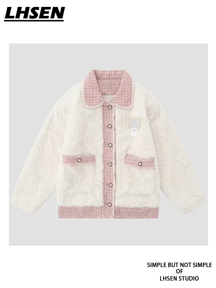 D1-2粉白色“珍珠扣”毛毛外套上衣（6030）