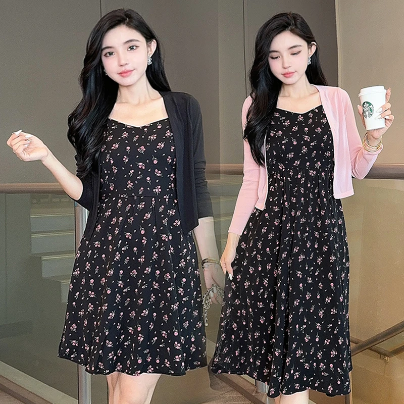 新款吊带连衣裙春秋2025新款爆款碎花气质两件套裙子法式时尚收腰