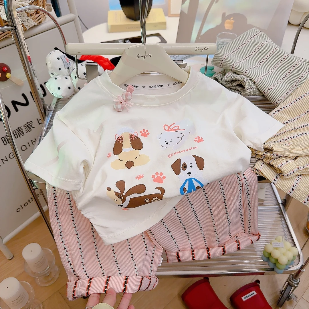 韩系慵懒风卡通印花夏季短袖条纹阔腿裤套装女童夏季新款