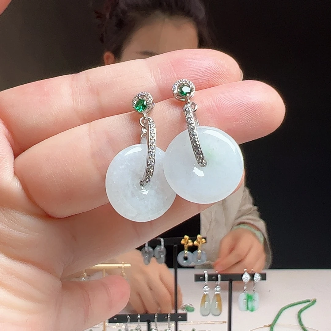 银S925镶嵌翡翠耳饰天然翡翠