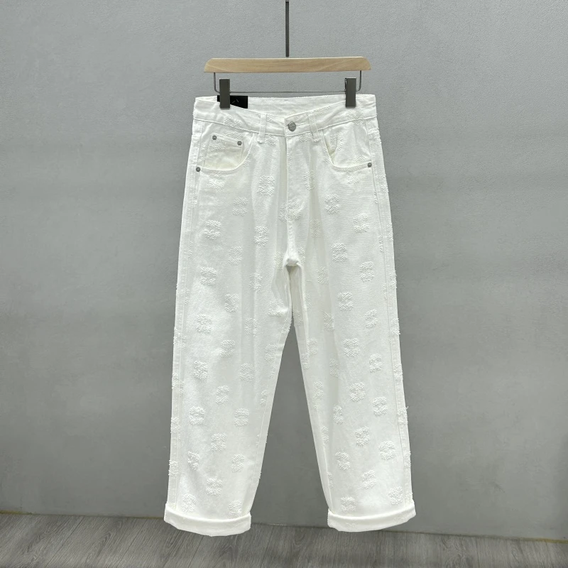 白色牛仔裤男宽松直筒阔腿钩花垂感百搭潮流春夏秋2025新款休闲裤