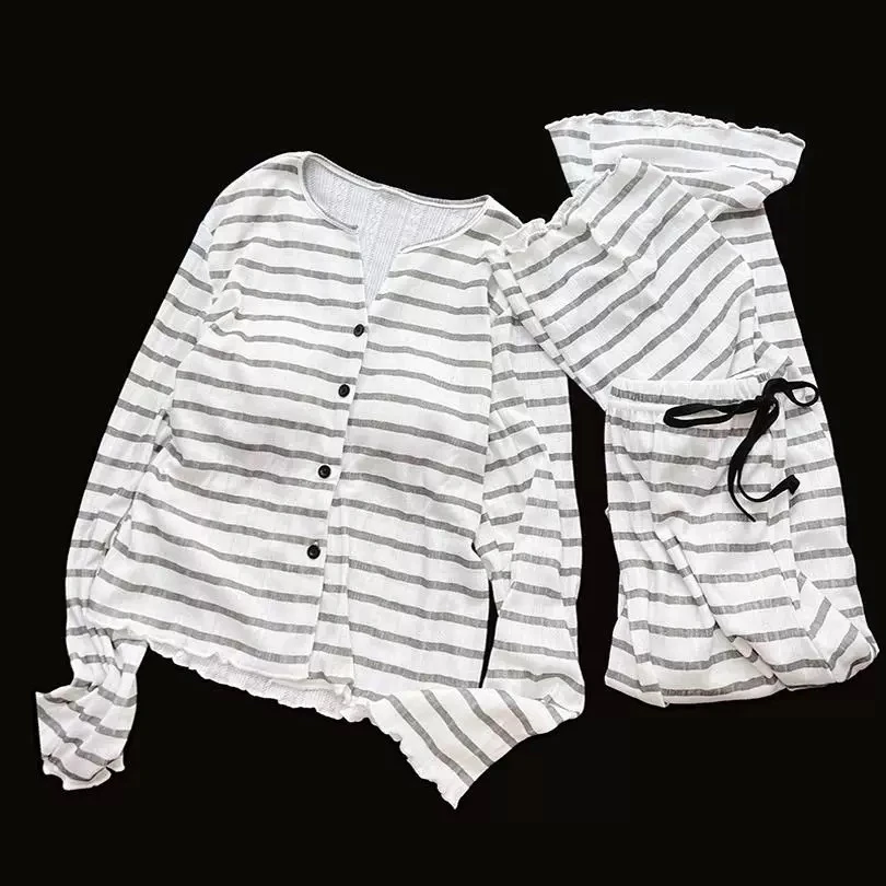 睡衣女秋代尔棉条纹简约气质带胸垫可外穿套装长袖秋季轻奢家居服