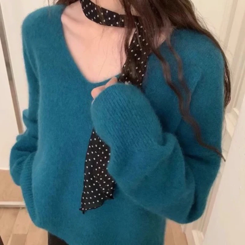 KANING温柔风减龄V领套头针织衫女2025秋冬新款宽松慵懒内搭毛衣