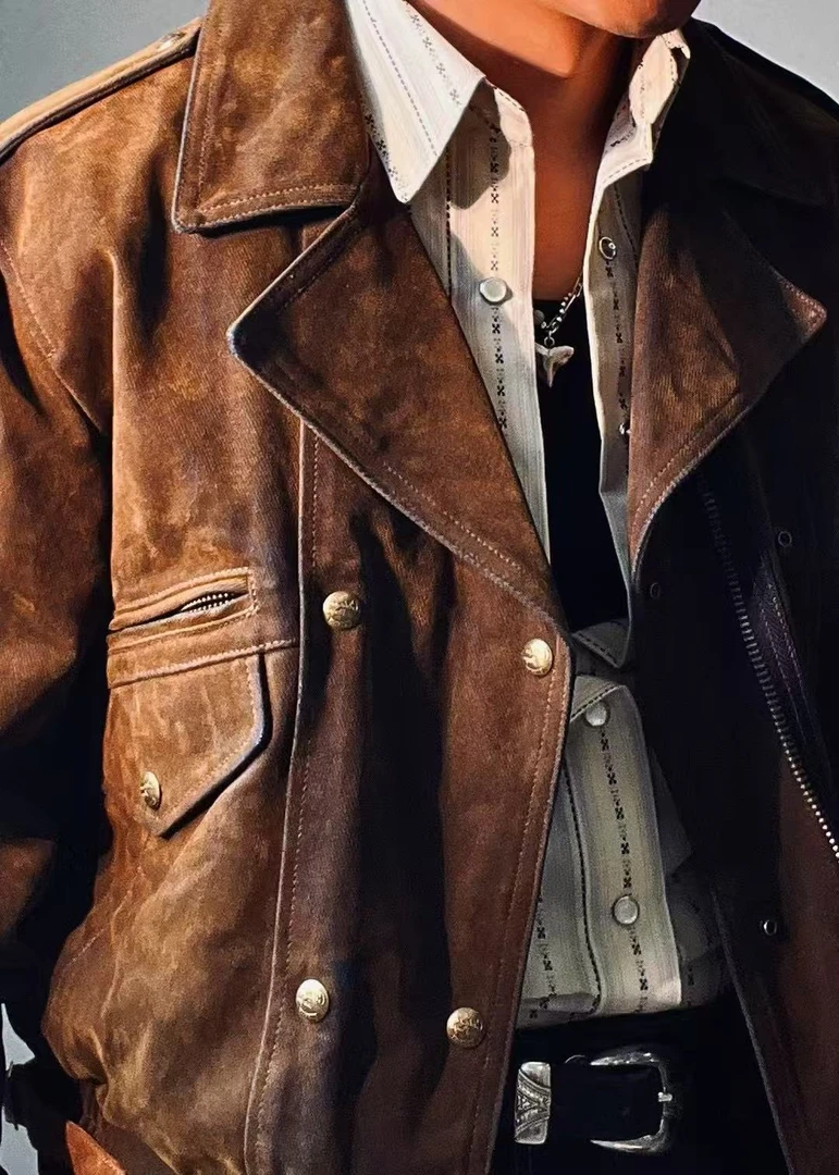 刺度牛仔大翻领废土风短款港风夹克牛仔复古战损版