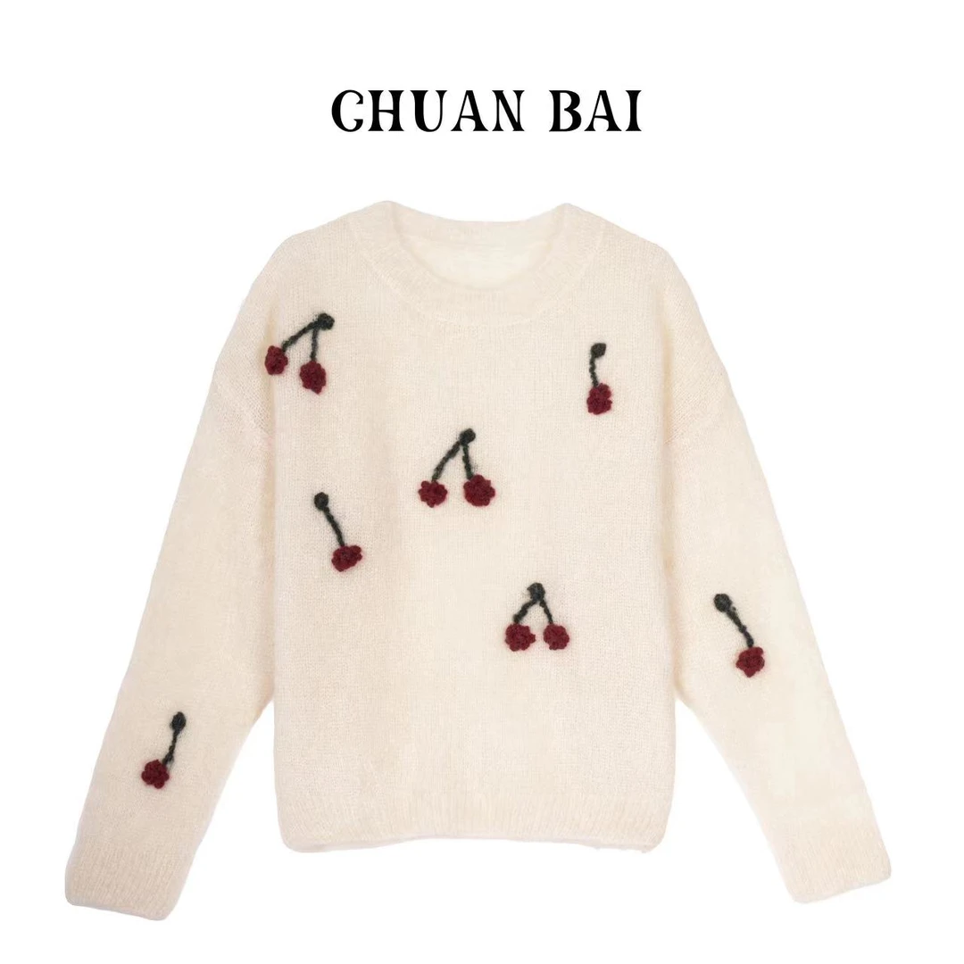 CHUANBAI  新款马海毛韩系手工绣花设计圆领针织套头衫-6819
