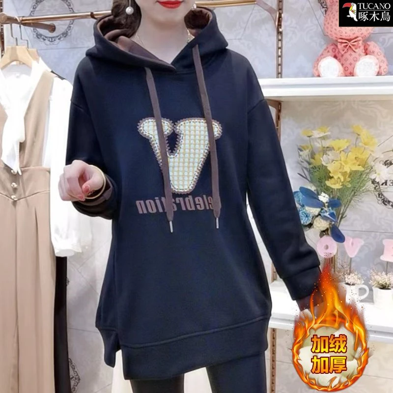 啄木鸟2025年新款冬季加绒保暖长袖上衣女士时尚减龄连帽宽松卫衣