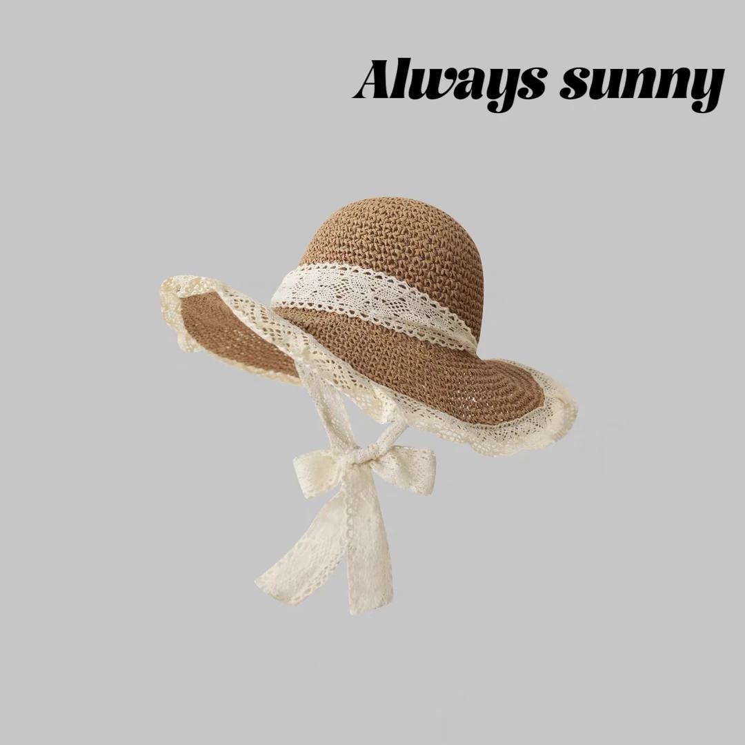 25S 蕾丝系带草帽草编帽女出游防晒沙滩海边太阳帽蕾丝边遮阳帽子