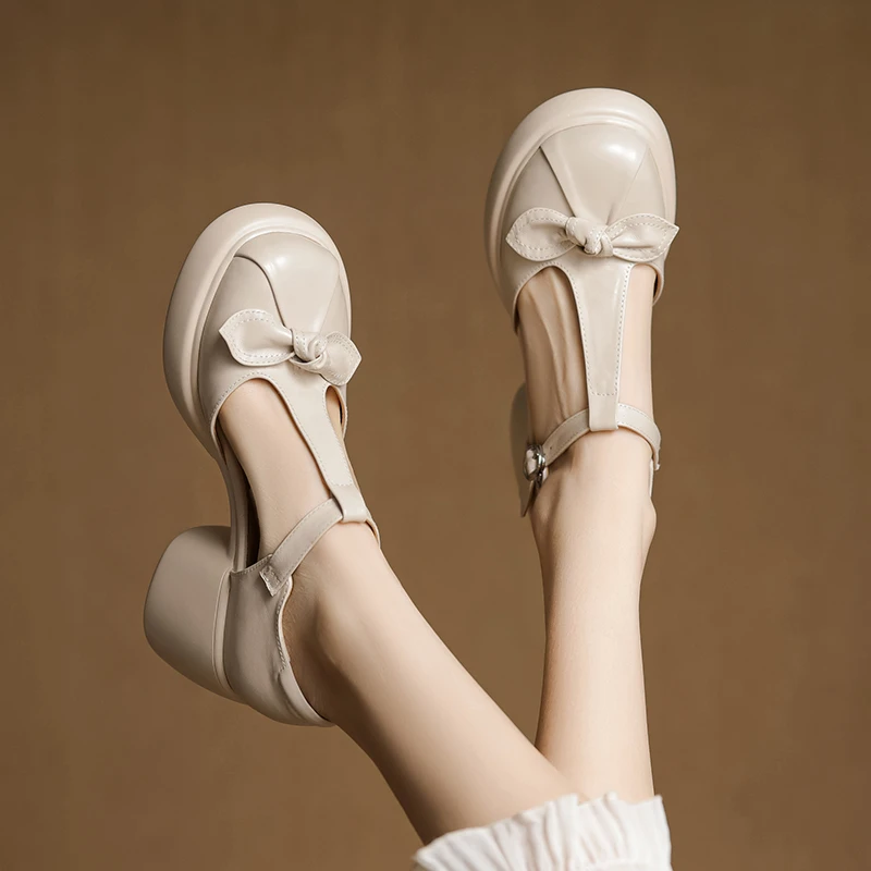 牛皮/8cm/百搭夏季单鞋真皮外穿凉鞋女厚底增高跟粗跟圆头妈妈鞋