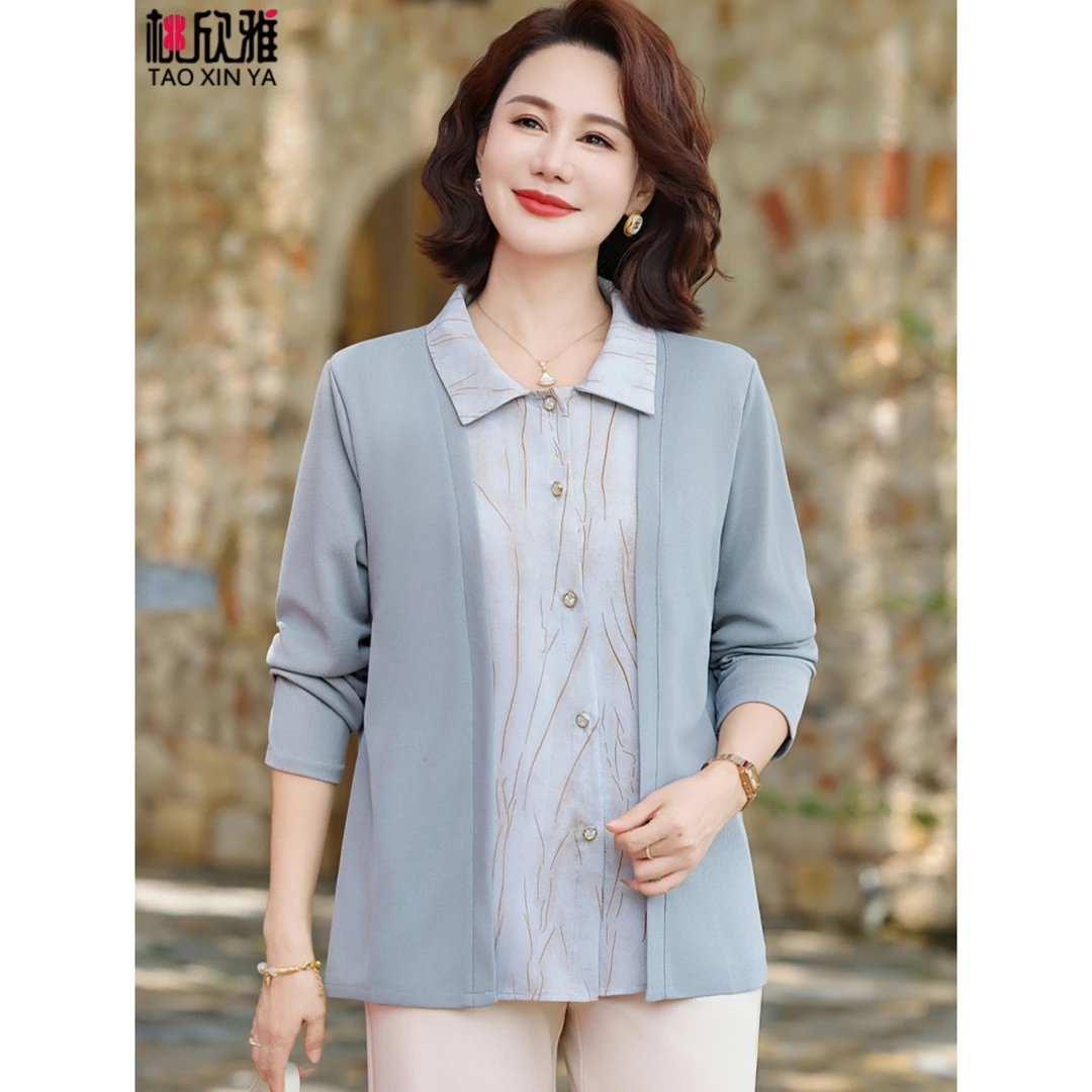 洋气妈妈2025秋装新款衬衫上衣中老年人女春秋季宽松长袖T恤小衫
