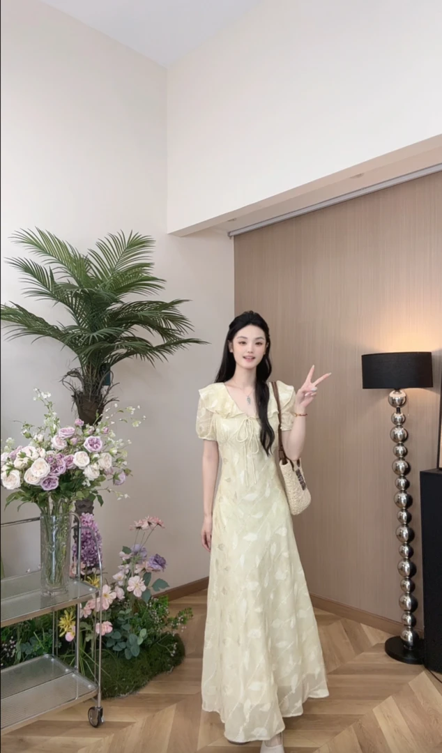 AN.XIN【林间晨露】法式温柔气质撞色木耳边领中长款连衣裙6675