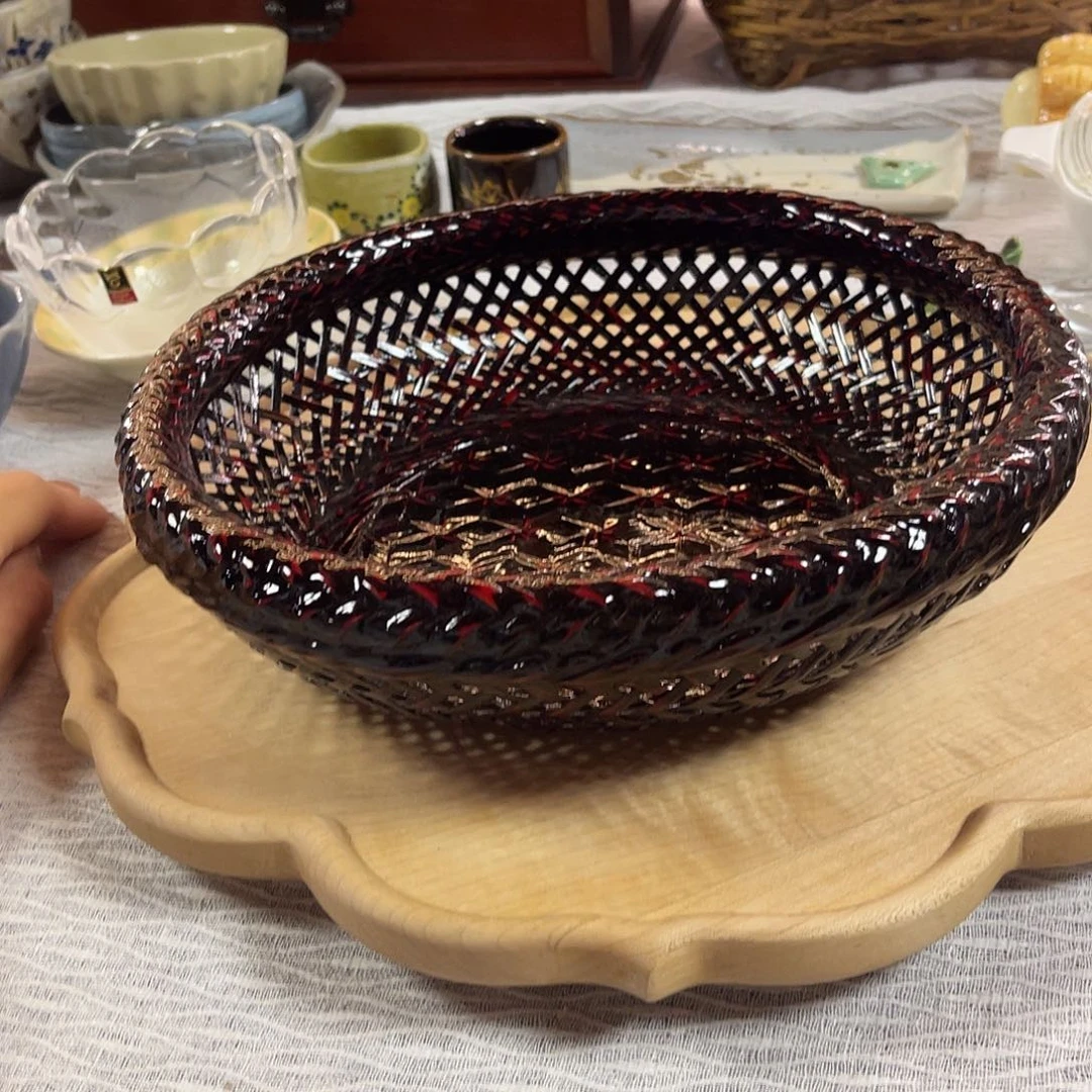 瓷片蓝胎漆器竹编钵子21