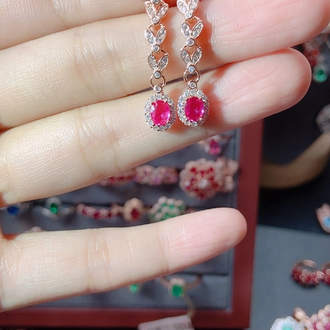 彩色蓝宝石耳饰银S925镶嵌