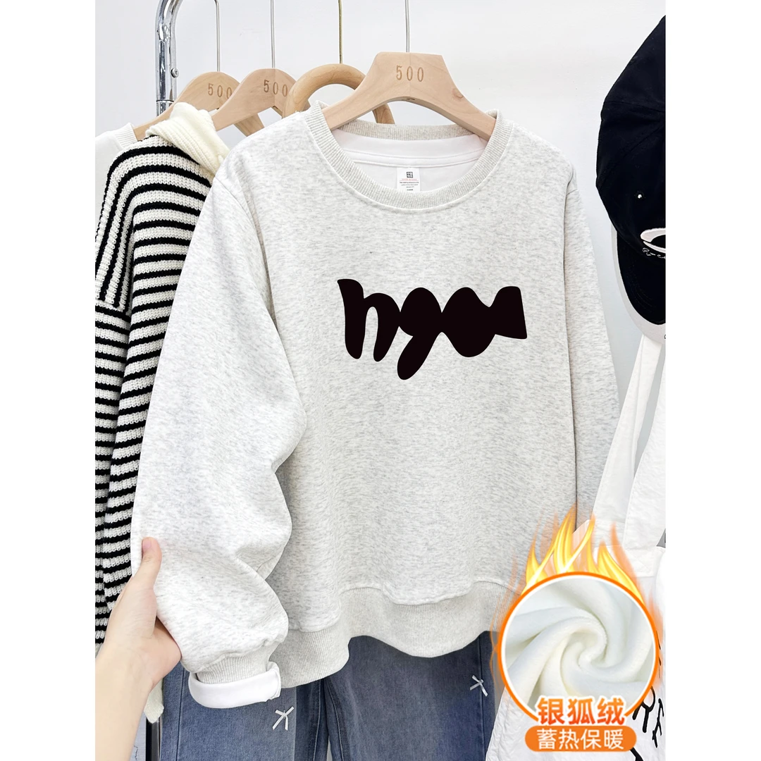 胖mm大码正肩圆领卫衣女加绒加厚秋冬季韩版宽松百搭套头长袖上衣