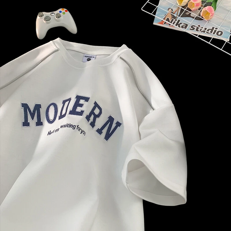 原创设计2025夏季新款短袖T恤字母刺绣圆领百搭半袖上衣学院tee