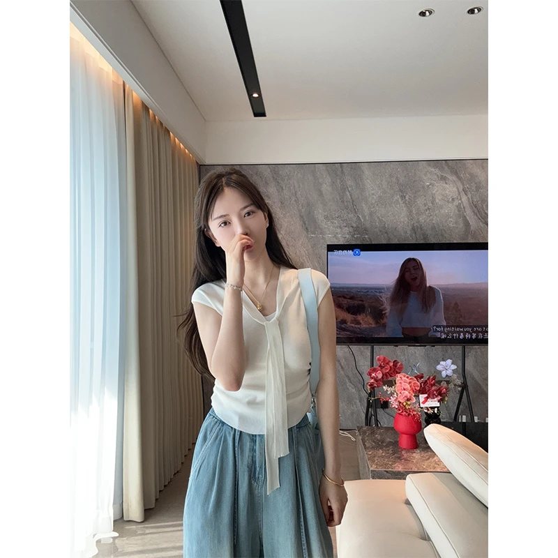 飘带设计感小众无袖针织衫女夏季飘带修身显瘦气质上衣女装女Y037