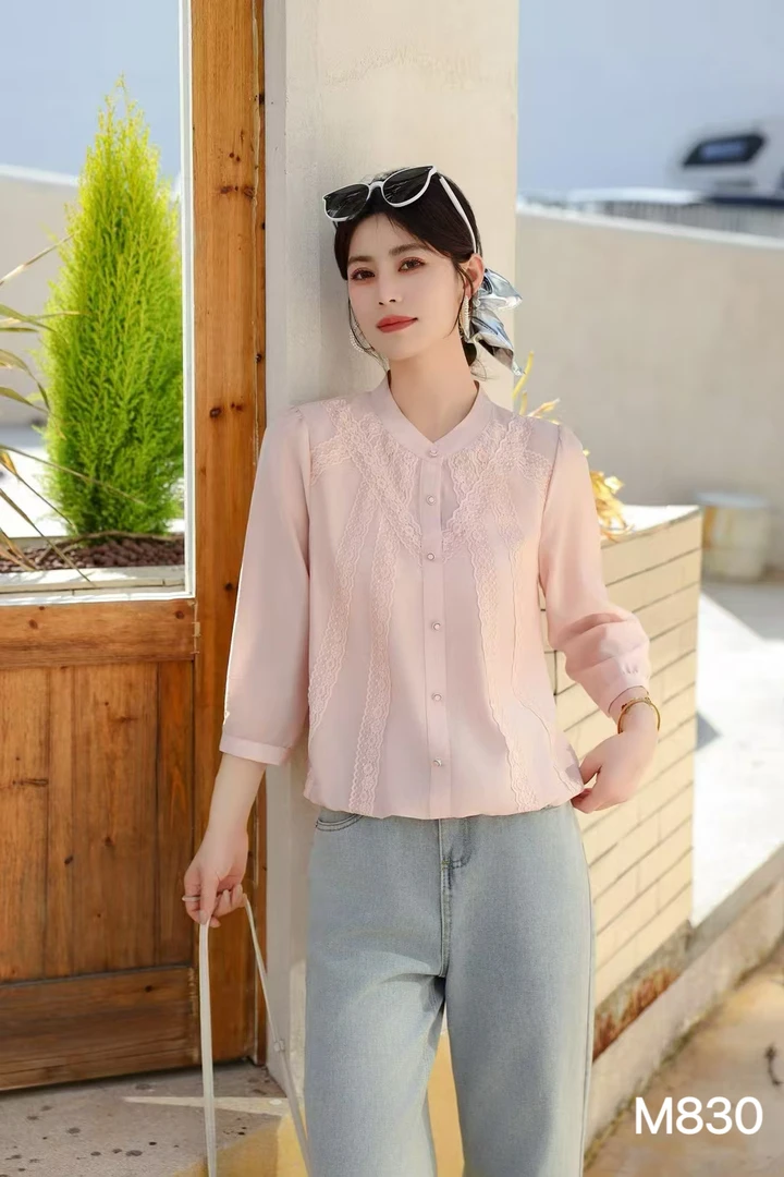 DX332法式衬衫长袖时尚小衫气质小众蕾丝百搭春季镂空蕾丝长袖