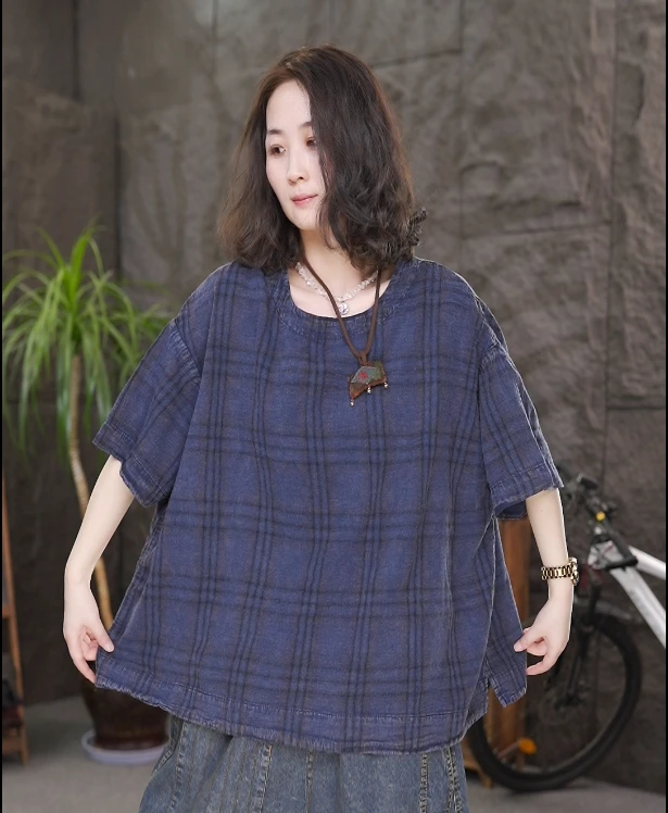 格子圆领短袖T恤女2025夏季新款宽松时尚气质款百搭上衣