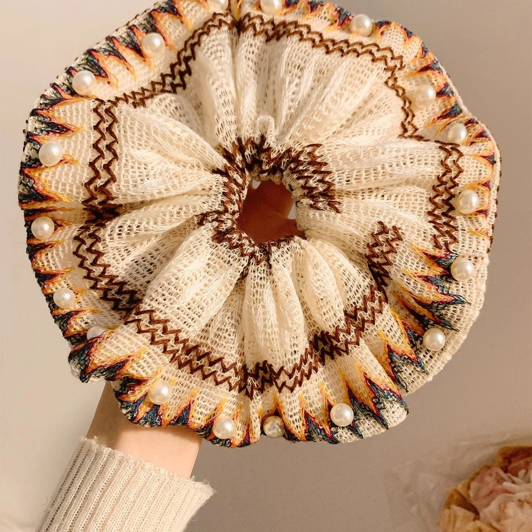 原野牧歌~民族风珍珠毛线女高级感超大号头绳发饰复古慵懒风秋冬