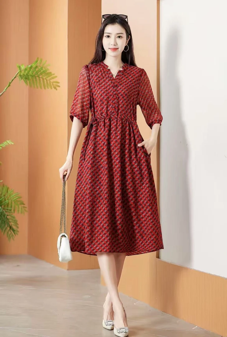 红色棋盘格纹时尚夏季收腰气质女装连衣裙2357