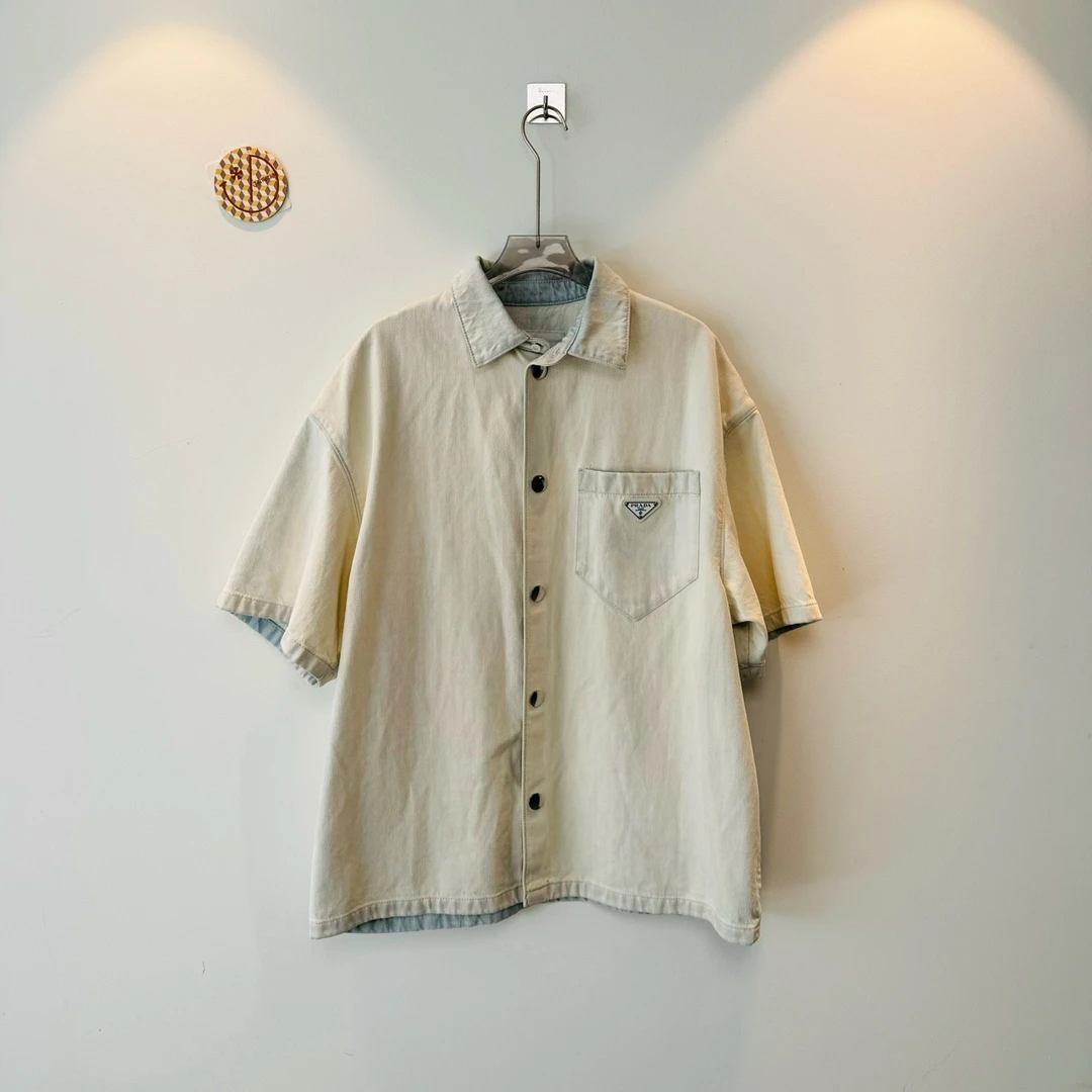 全新未使用 Prada/普拉达 23新款 三角徽标水洗丹宁牛仔短袖S码
