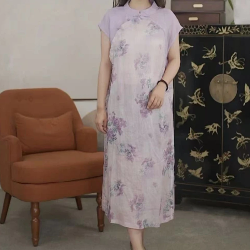 复古苎麻内里包边拼色印花改良版月亮袖旗袍女夏文艺大码气质长裙