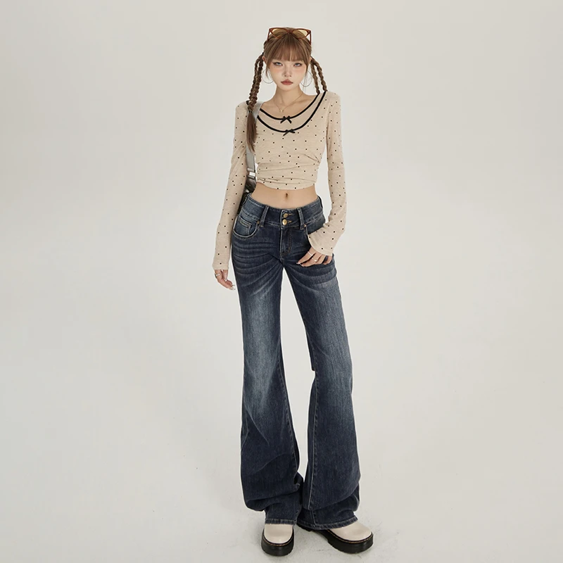 微喇雨江亭美式复古低腰双扣喇叭裤修身显瘦弹力秋冬短款牛仔裤女