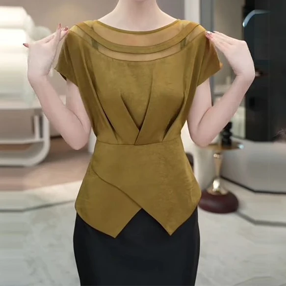 设计感别致百搭法式高端网纱拼接圆领漂亮小衫女夏季新款不规则设